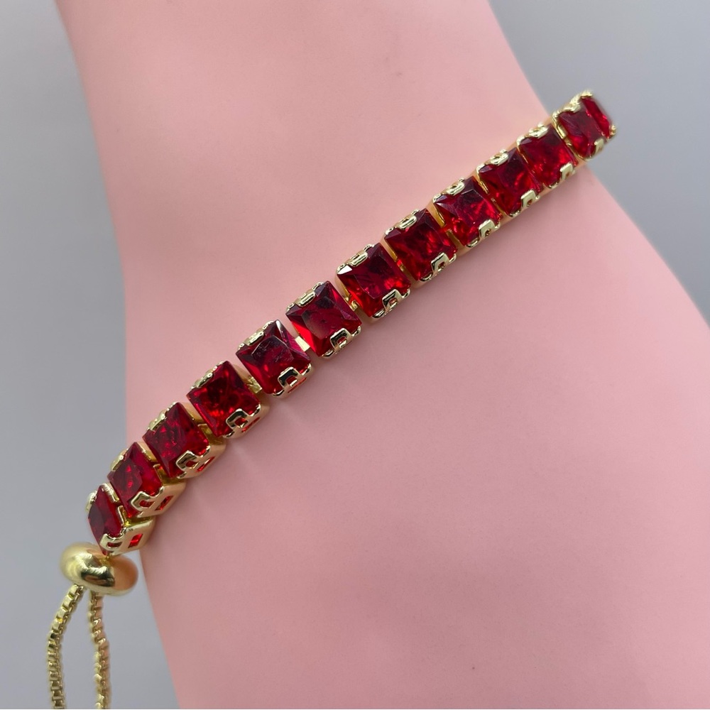 Swarovski Crystals Elements Red Tennis Bracelet Gold Adjustable Bolo Bead Glam